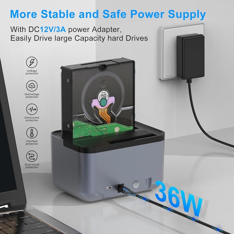 Godo محطة توصيل القرص الصلب إلى USB 3.0 نوع C، محطة توصيل القرص الصلب ذات bay مزدوجة للقرص الصلب SATA 2.5/3.5 بوصة/SSD مع مؤشر LED، تدعم النسخ المتماثل/المكرر غير المتصل 2 * 18TB رمادي - Image 3